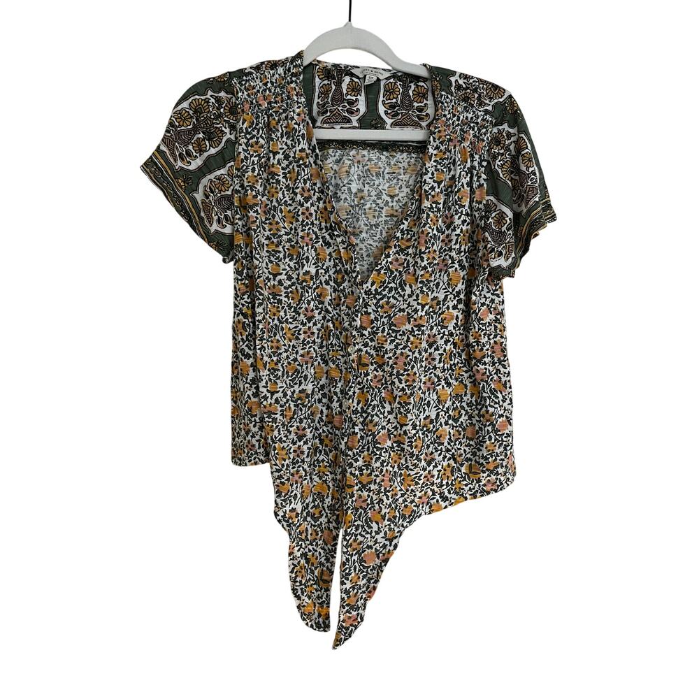 Lucky Brand LA Patchwork Button-Down Tee with Tie Waist – Cotton/Modal Blend